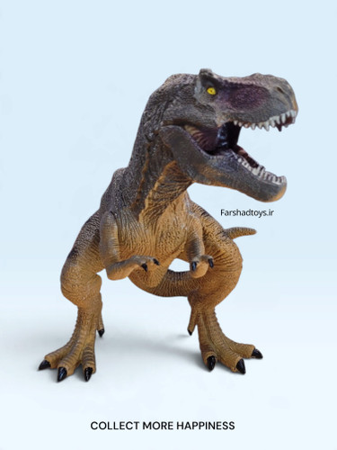 نمای روبهروی فیگور تیرکس T-Rex با فک بازشو، دندانهای تیز، چشمهای زرد و طراحی واقعگرایانه سر و بدن